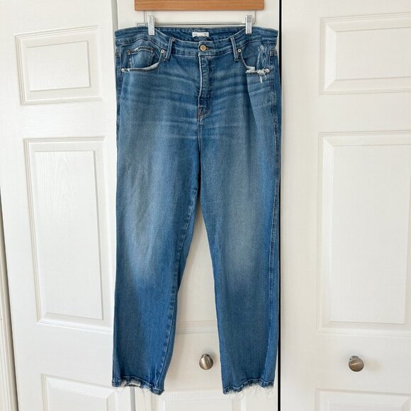 Good American Good Curve Straight Jeans Blue High Rise Raw Hem Size 18 EUC - Picture 6 of 7